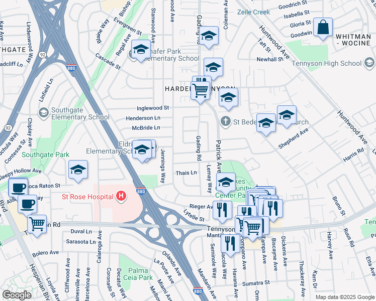 map of restaurants, bars, coffee shops, grocery stores, and more near 1235 Westwood Street in Hayward