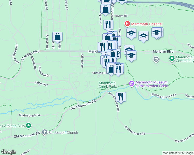 map of restaurants, bars, coffee shops, grocery stores, and more near 3185 Chateau Road in Mammoth Lakes