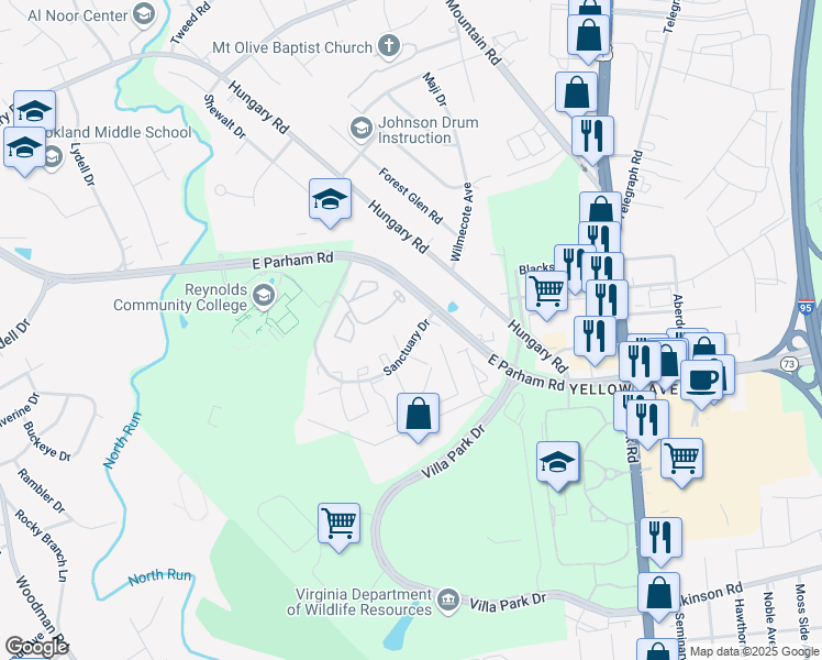 map of restaurants, bars, coffee shops, grocery stores, and more near 8010 Sanctuary Drive in Henrico