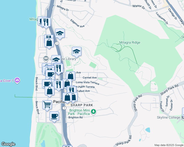 map of restaurants, bars, coffee shops, grocery stores, and more near 426 Paloma Avenue in Pacifica