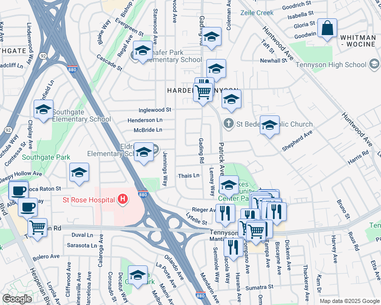 map of restaurants, bars, coffee shops, grocery stores, and more near 1235 Westwood Street in Hayward