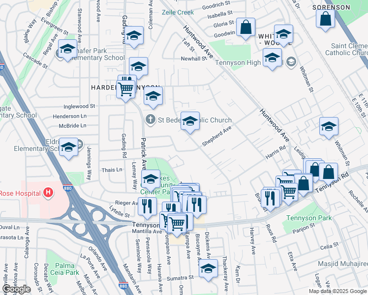 map of restaurants, bars, coffee shops, grocery stores, and more near 743 Shepherd Avenue in Hayward