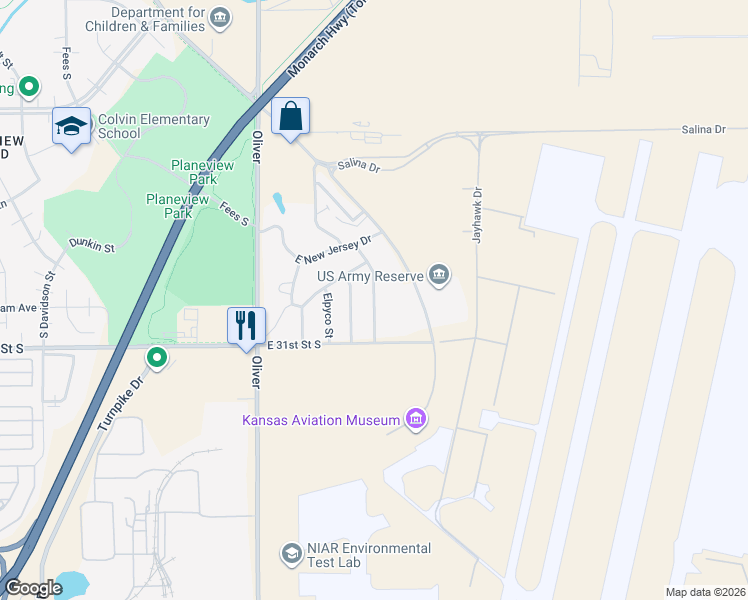 map of restaurants, bars, coffee shops, grocery stores, and more near 3145 South Bunker Hill in Wichita