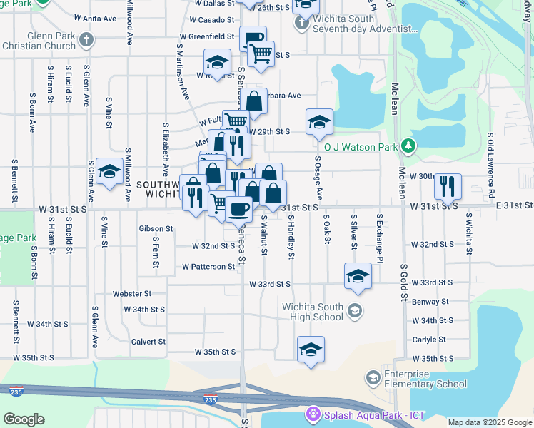 map of restaurants, bars, coffee shops, grocery stores, and more near 3219 S Walnut St in Wichita