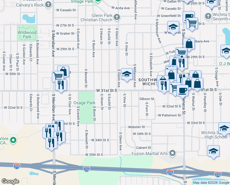 map of restaurants, bars, coffee shops, grocery stores, and more near 3209 South Glenn Avenue in Wichita