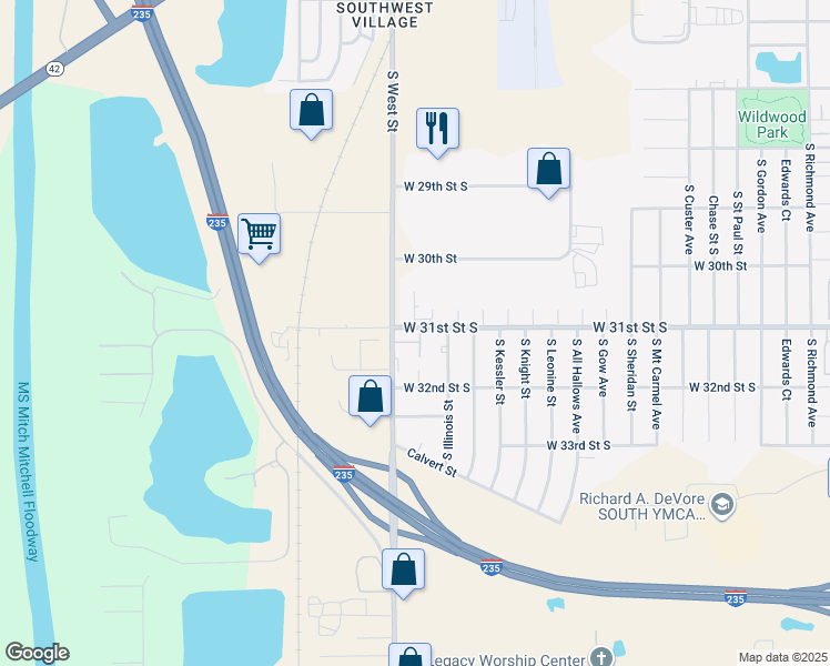 map of restaurants, bars, coffee shops, grocery stores, and more near 504 South West Street in Wichita