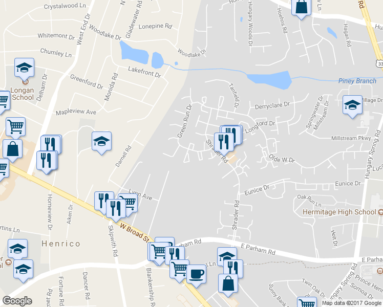 map of restaurants, bars, coffee shops, grocery stores, and more near 4902 Finnegan Court in Henrico