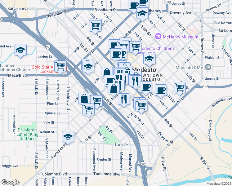 map of restaurants, bars, coffee shops, grocery stores, and more near 700 H Street in Modesto