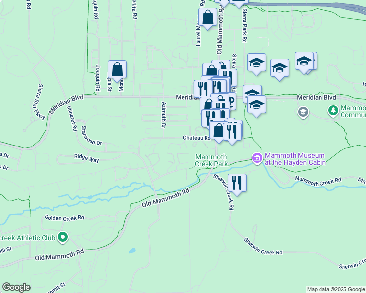 map of restaurants, bars, coffee shops, grocery stores, and more near 3251 Chateau Road in Mammoth Lakes