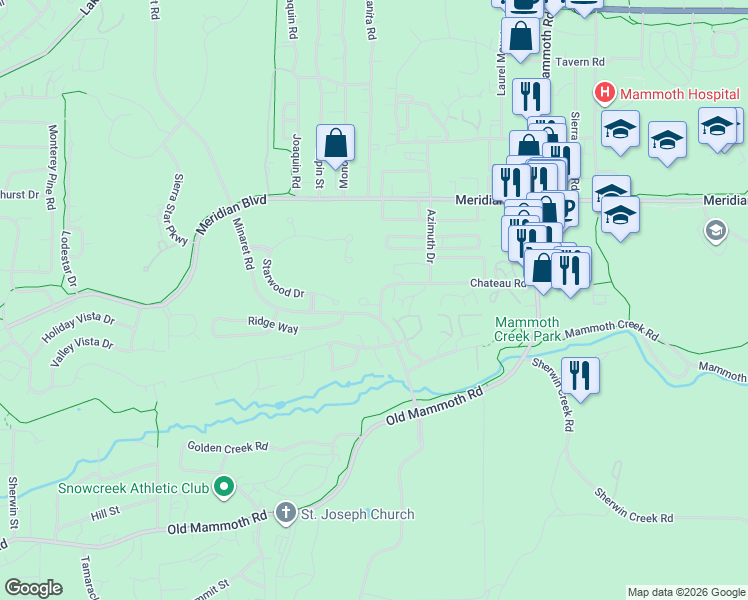 map of restaurants, bars, coffee shops, grocery stores, and more near 3600 Chateau Road in Mammoth Lakes