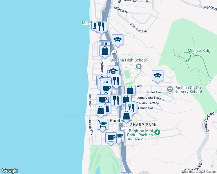map of restaurants, bars, coffee shops, grocery stores, and more near 129 Paloma Avenue in Pacifica