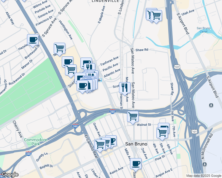 map of restaurants, bars, coffee shops, grocery stores, and more near 1090 Huntington Avenue East in San Bruno