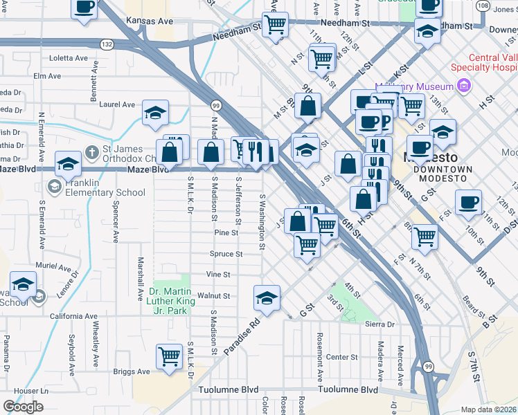 map of restaurants, bars, coffee shops, grocery stores, and more near 102 Oak Street in Modesto