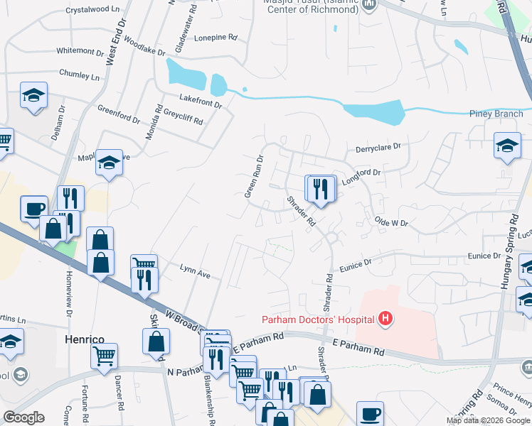 map of restaurants, bars, coffee shops, grocery stores, and more near 4960 Finnegan Court in Richmond