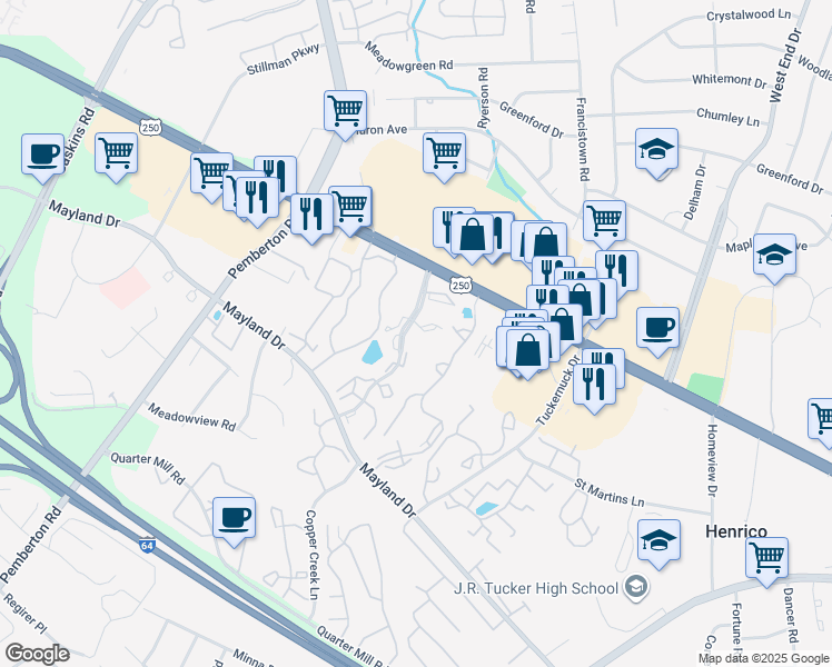 map of restaurants, bars, coffee shops, grocery stores, and more near 3400 Coppermill Trce in Richmond