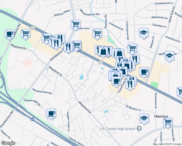 map of restaurants, bars, coffee shops, grocery stores, and more near 9311 Golden Way Court in Henrico