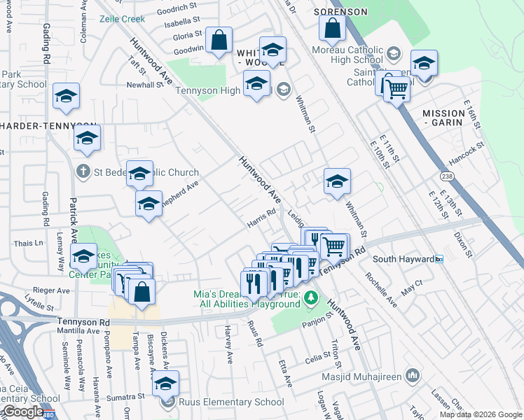 map of restaurants, bars, coffee shops, grocery stores, and more near 363 Harris Road in Hayward