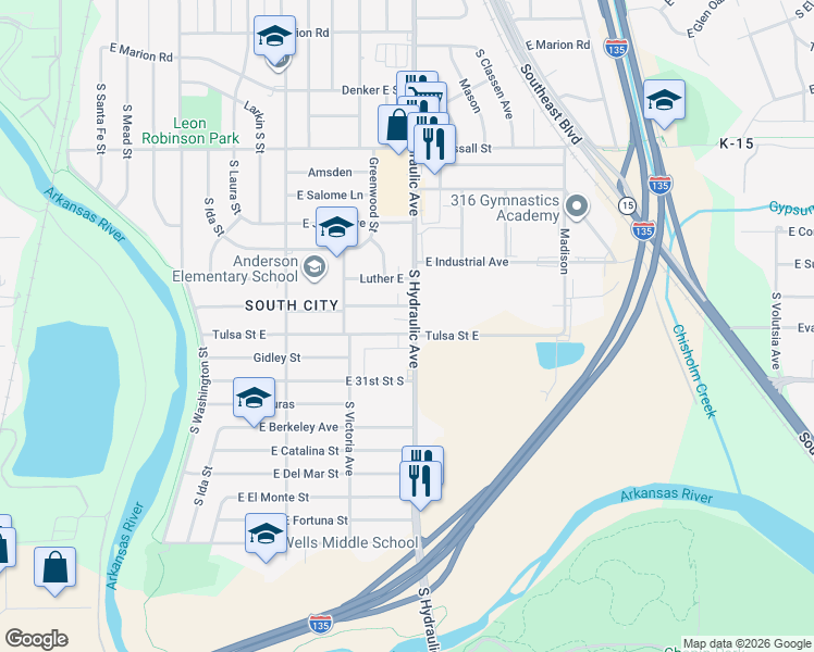 map of restaurants, bars, coffee shops, grocery stores, and more near 1630 Tulsa Street East in Wichita