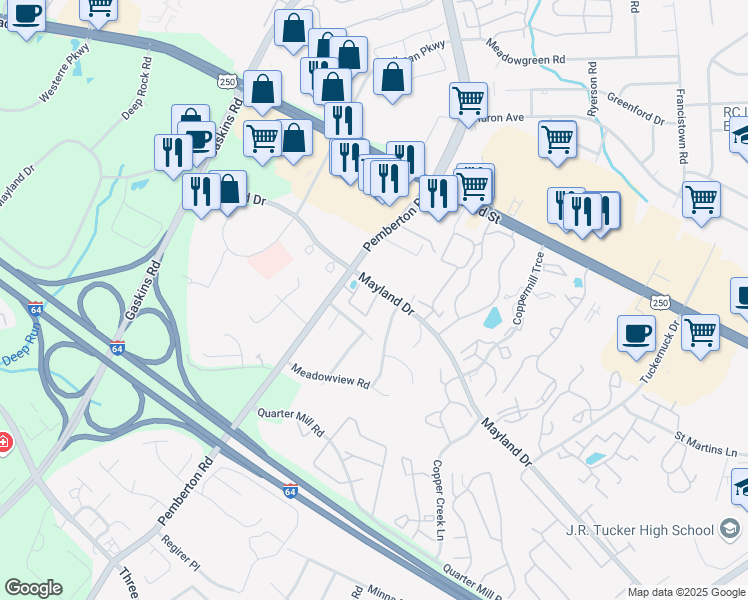 map of restaurants, bars, coffee shops, grocery stores, and more near 3418 Bartley Pond Place in Henrico