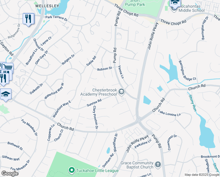 map of restaurants, bars, coffee shops, grocery stores, and more near 11921 Kingsbury Court in Richmond