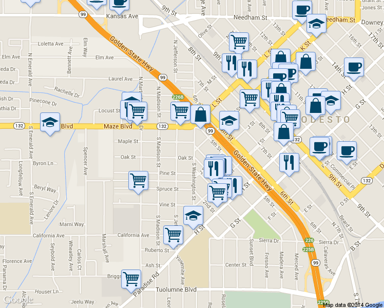 map of restaurants, bars, coffee shops, grocery stores, and more near 112 Oak Street in Modesto