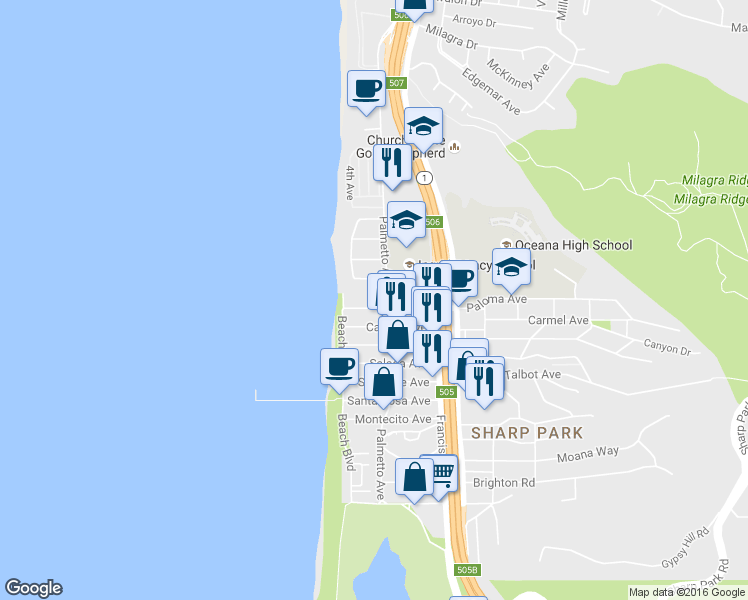 map of restaurants, bars, coffee shops, grocery stores, and more near 72 Paloma Avenue in Pacifica