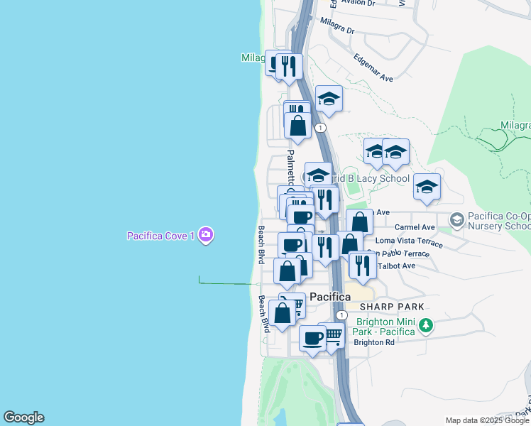map of restaurants, bars, coffee shops, grocery stores, and more near 1667 Beach Boulevard in Pacifica
