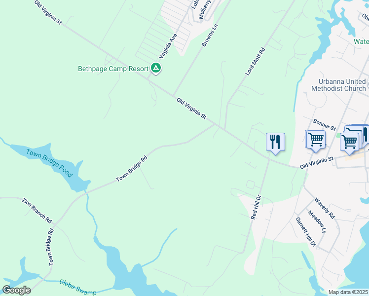 map of restaurants, bars, coffee shops, grocery stores, and more near 2154 Town Bridge Road in Urbanna