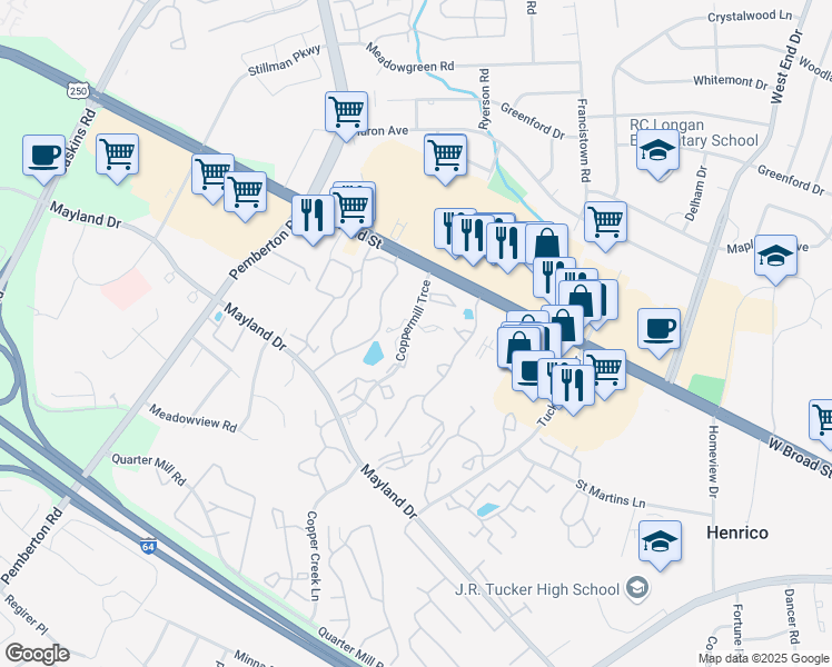 map of restaurants, bars, coffee shops, grocery stores, and more near 9311 Golden Way Court in Henrico