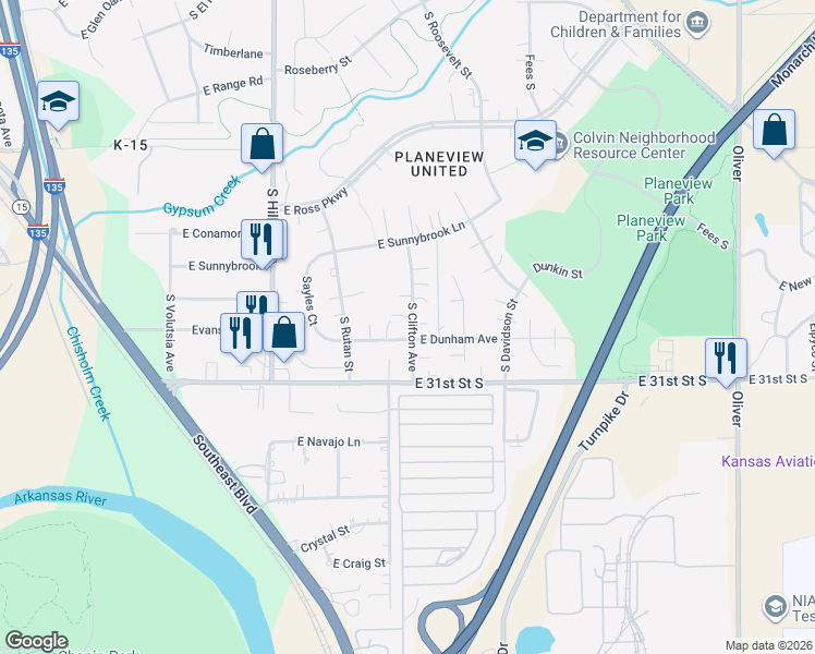 map of restaurants, bars, coffee shops, grocery stores, and more near 3616 Dunham Street in Wichita