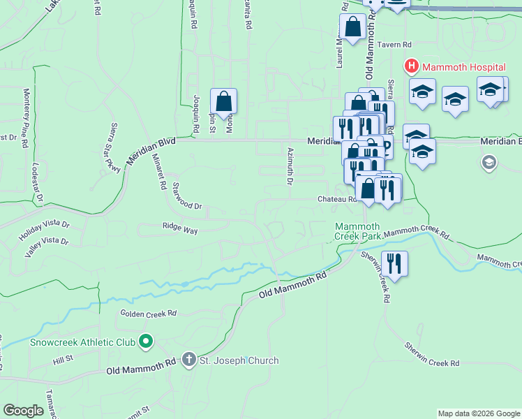 map of restaurants, bars, coffee shops, grocery stores, and more near 3463 Chateau Road in Mammoth Lakes