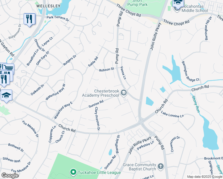 map of restaurants, bars, coffee shops, grocery stores, and more near 11921 Kingsbury Court in Richmond