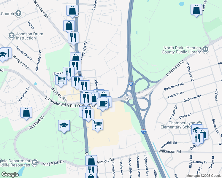 map of restaurants, bars, coffee shops, grocery stores, and more near 900 North Concord Avenue in Richmond