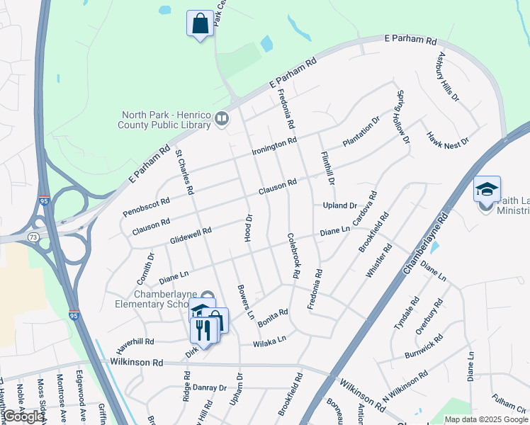 map of restaurants, bars, coffee shops, grocery stores, and more near 8310 Franconia Road in Richmond