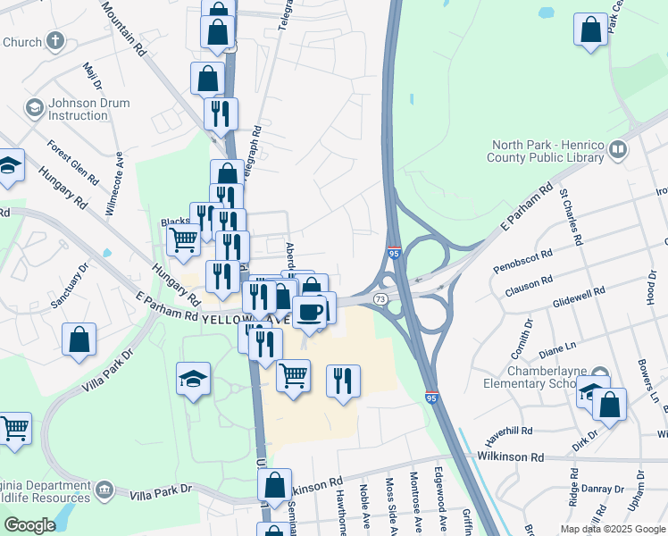 map of restaurants, bars, coffee shops, grocery stores, and more near 900 North Concord Avenue in Richmond