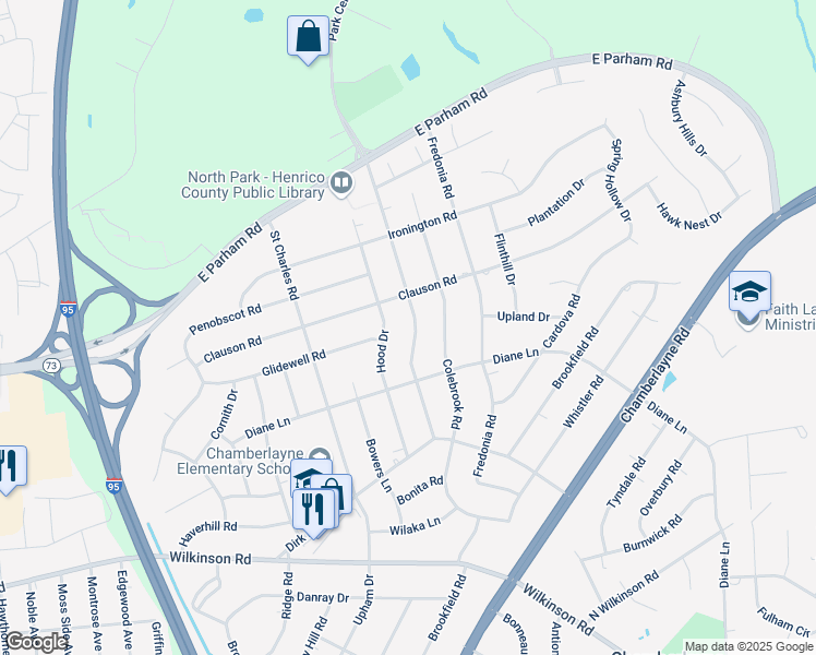 map of restaurants, bars, coffee shops, grocery stores, and more near 8310 Franconia Road in Richmond