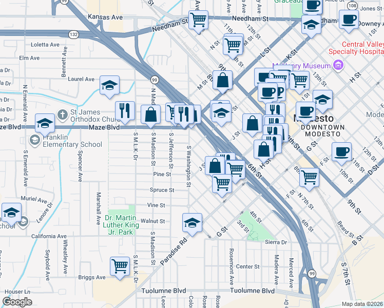 map of restaurants, bars, coffee shops, grocery stores, and more near 1015 4th Street in Modesto