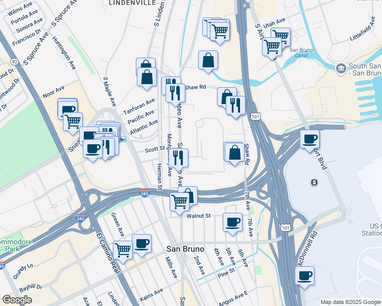 map of restaurants, bars, coffee shops, grocery stores, and more near 1098 San Mateo Avenue in South San Francisco