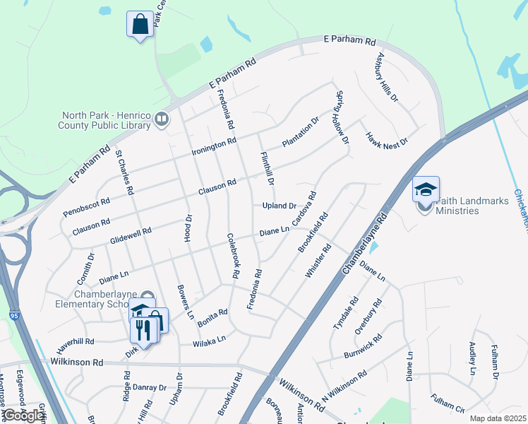 map of restaurants, bars, coffee shops, grocery stores, and more near 511 Upland Drive in Richmond
