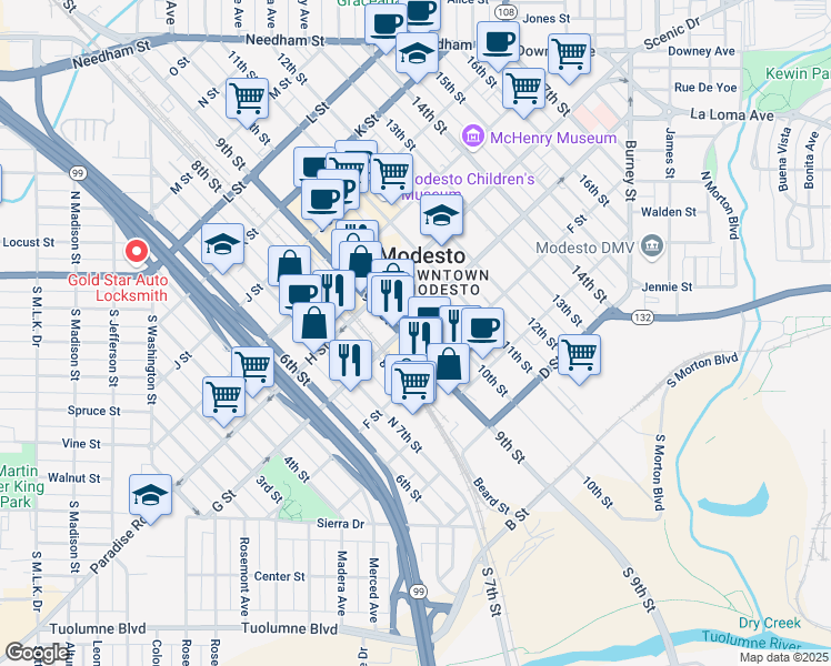 map of restaurants, bars, coffee shops, grocery stores, and more near 709 9th Street in Modesto
