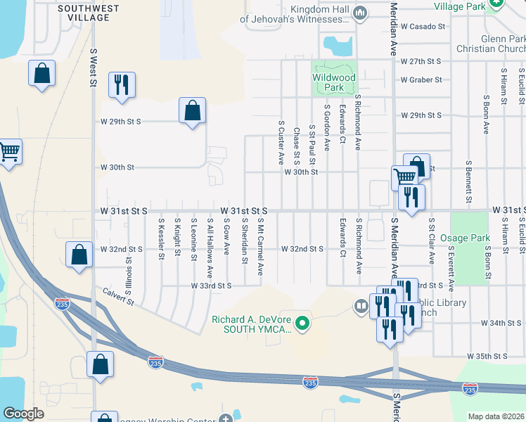 map of restaurants, bars, coffee shops, grocery stores, and more near 3127 West 31st Street South in Wichita