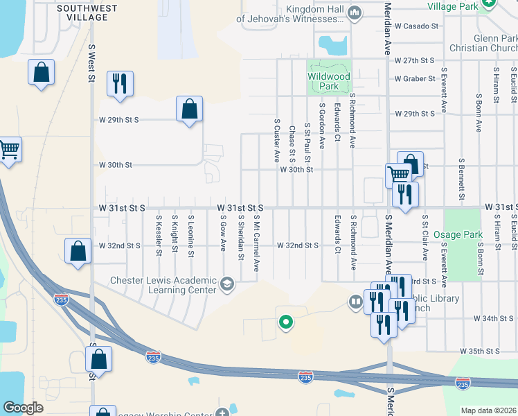 map of restaurants, bars, coffee shops, grocery stores, and more near W 31st St S & S Mt Carmel Ave in Wichita