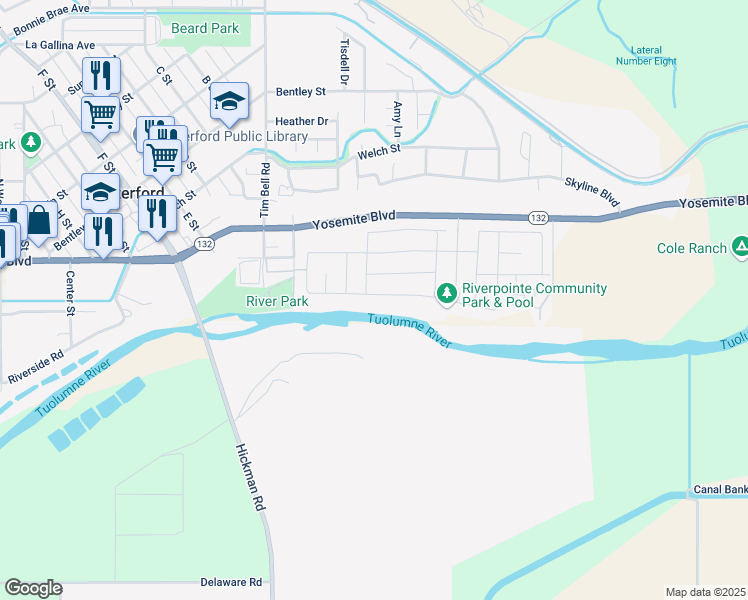 map of restaurants, bars, coffee shops, grocery stores, and more near 13202 Rivercrest Drive in Waterford