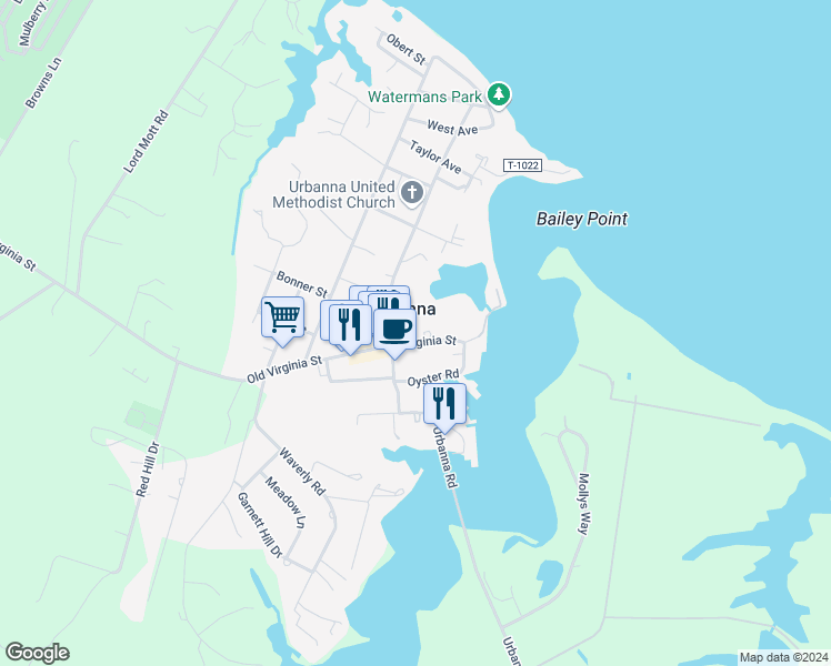 map of restaurants, bars, coffee shops, grocery stores, and more near 151 Virginia Street in Urbanna