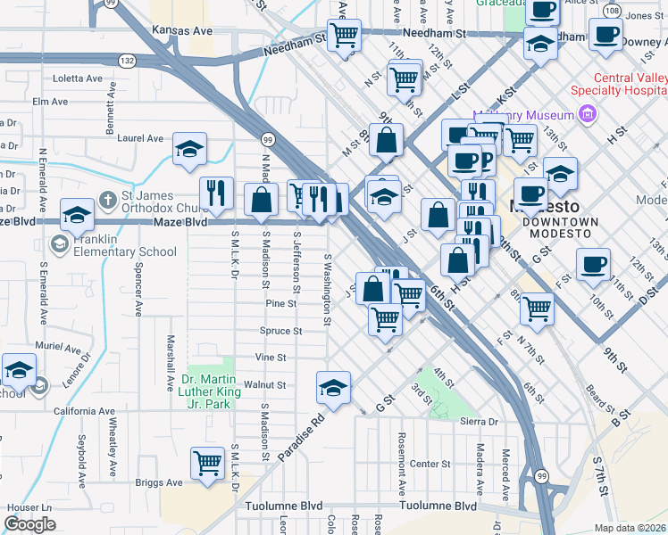 map of restaurants, bars, coffee shops, grocery stores, and more near 1015 4th Street in Modesto