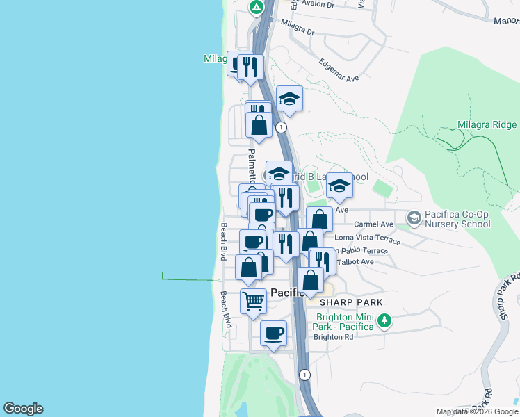 map of restaurants, bars, coffee shops, grocery stores, and more near 129 Paloma Avenue in Pacifica