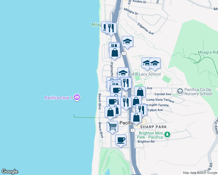 map of restaurants, bars, coffee shops, grocery stores, and more near 72 Paloma Avenue in Pacifica