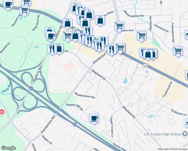 map of restaurants, bars, coffee shops, grocery stores, and more near 3406 Bartley Pond Place in Richmond