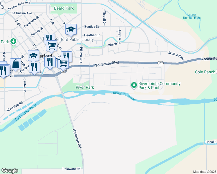 map of restaurants, bars, coffee shops, grocery stores, and more near 13202 Rivercrest Drive in Waterford