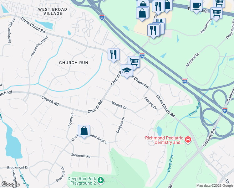 map of restaurants, bars, coffee shops, grocery stores, and more near 10021 Woodbaron Way in Richmond